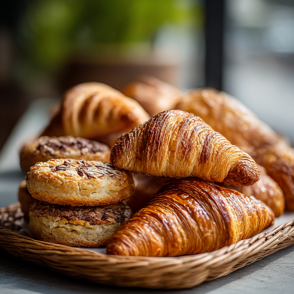 Selection of house-made pastries and croissants in a wicker basket